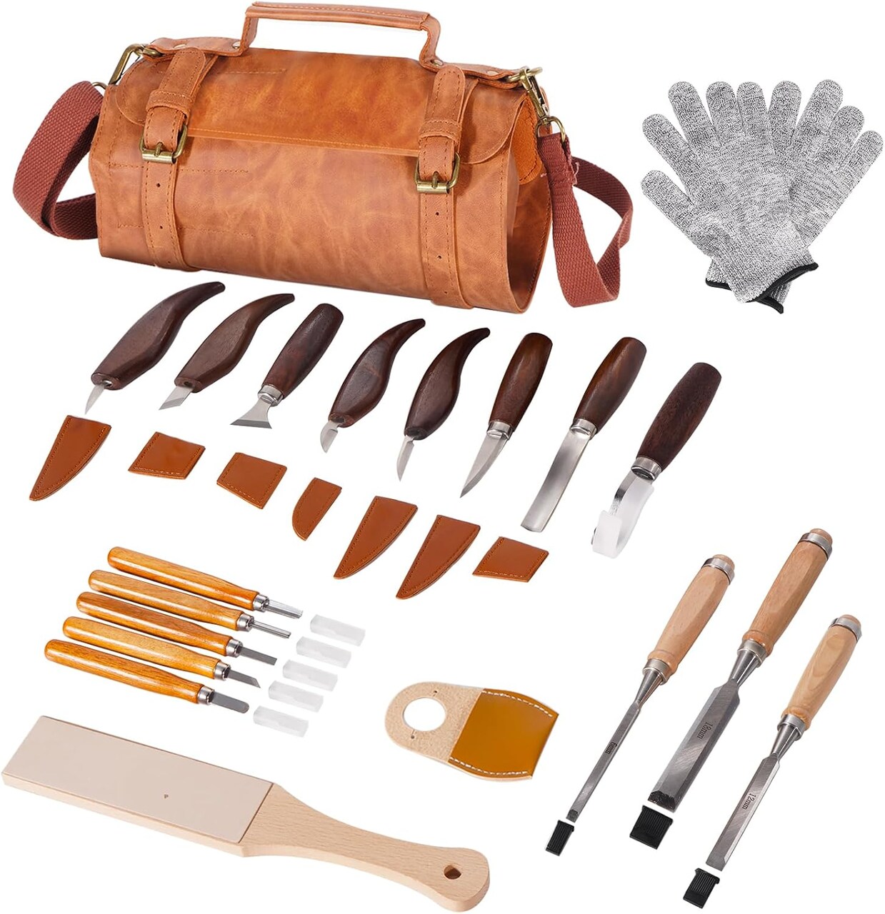Premium Wood Carving Tools Kit - Ergonomic Walnut Handles, Razor-Sharp High-Carbon Steel Blades, PU Leather Storage Bag, Safety Gloves & Thumb Guard – For Beginners & Professionals